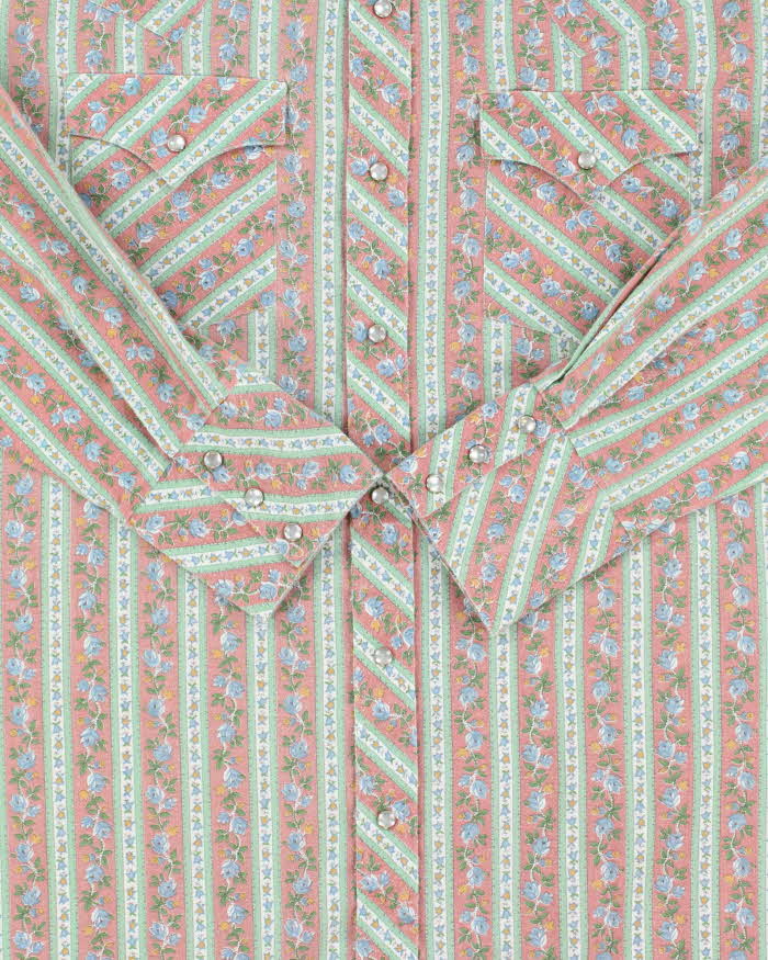 Vintage 1970s Caravan Alberta Striped Floral Pearl Snap Button Long Sleeve Perma Press Western Shirt - L