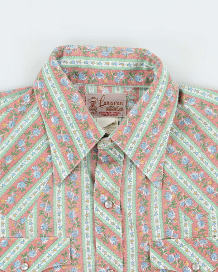 Vintage 1970s Caravan Alberta Striped Floral Pearl Snap Button Long Sleeve Perma Press Western Shirt - L