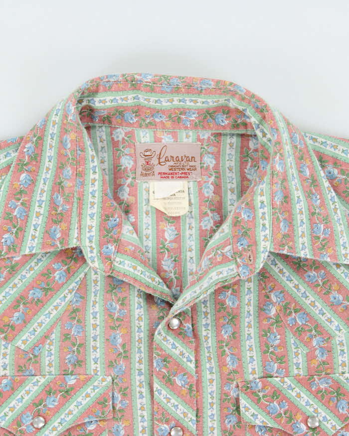 Vintage 1970s Caravan Alberta Striped Floral Pearl Snap Button Long Sleeve Perma Press Western Shirt - L