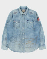 Vintage Polo Ralph Lauren Printed Patch Western Snap Button Denim Shirt - XL