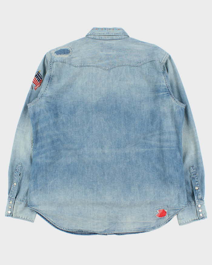 Vintage Polo Ralph Lauren Printed Patch Western Snap Button Denim Shirt - XL