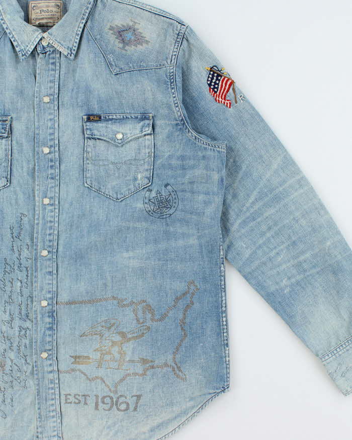 Vintage Polo Ralph Lauren Printed Patch Western Snap Button Denim Shirt - XL