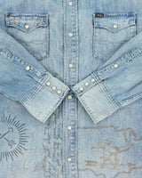 Vintage Polo Ralph Lauren Printed Patch Western Snap Button Denim Shirt - XL