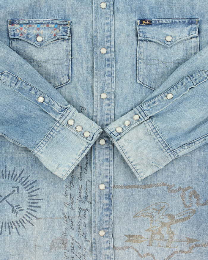 Vintage Polo Ralph Lauren Printed Patch Western Snap Button Denim Shirt - XL