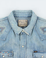Vintage Polo Ralph Lauren Printed Patch Western Snap Button Denim Shirt - XL