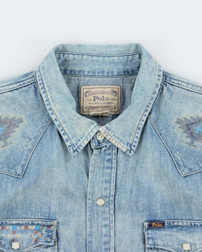 Vintage Polo Ralph Lauren Printed Patch Western Snap Button Denim Shirt - XL