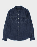 Vintage True Religion Dark Wash Indigo Denim Pearl Snap Button Long Sleeve Western Shirt - M