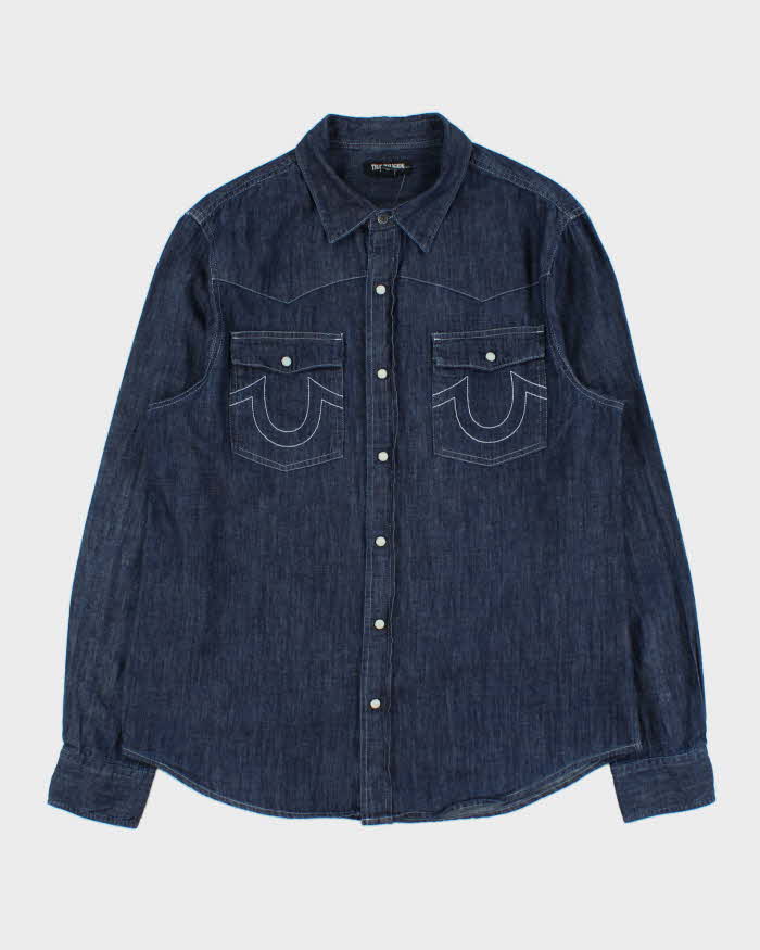 Vintage True Religion Dark Wash Indigo Denim Pearl Snap Button Long Sleeve Western Shirt - M