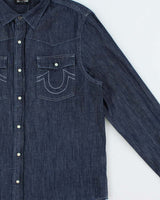 Vintage True Religion Dark Wash Indigo Denim Pearl Snap Button Long Sleeve Western Shirt - M
