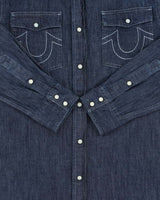 Vintage True Religion Dark Wash Indigo Denim Pearl Snap Button Long Sleeve Western Shirt - M
