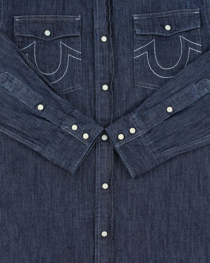 Vintage True Religion Dark Wash Indigo Denim Pearl Snap Button Long Sleeve Western Shirt - M