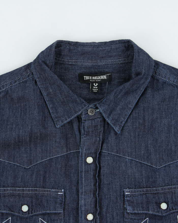 Vintage True Religion Dark Wash Indigo Denim Pearl Snap Button Long Sleeve Western Shirt - M