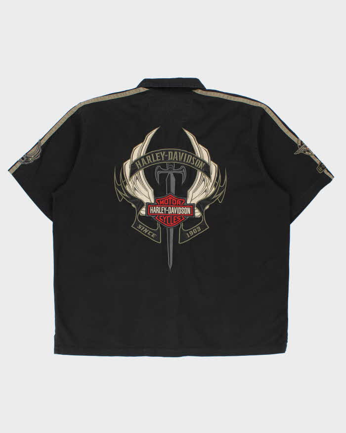 Vintage Y2K 00s Harley Davidson Embroidered Heavyweight Canvas Short Sleeve Biker Shirt - 2XL