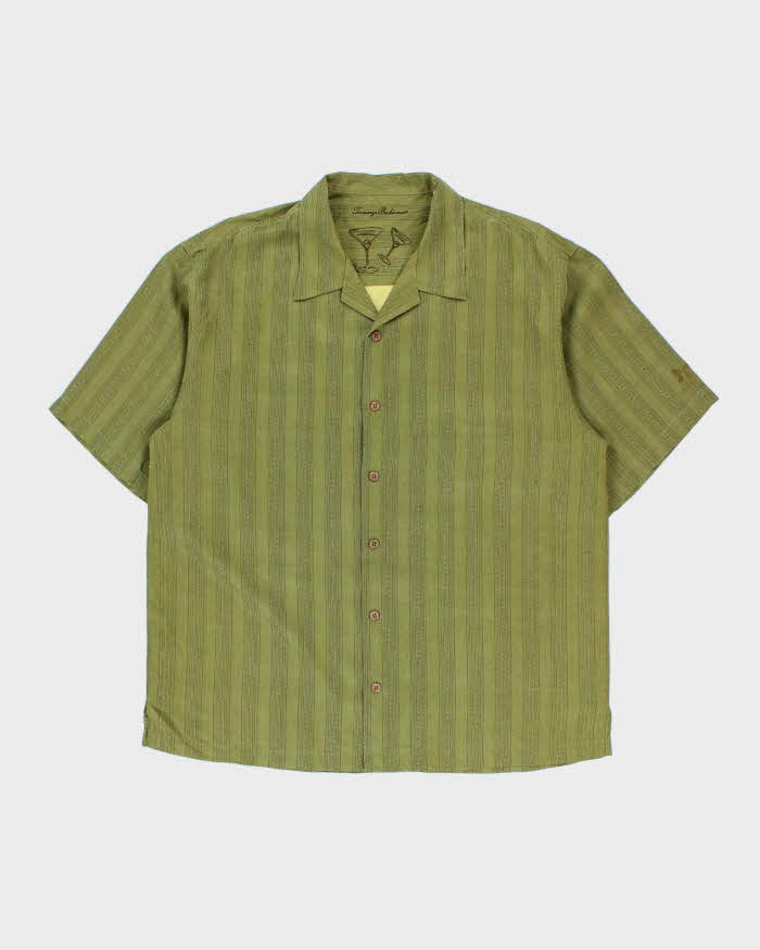 Vintage Y2K 00s Tommy Bahama Olive Green Pattern Striped Silk Hawaiian Shirt - XL