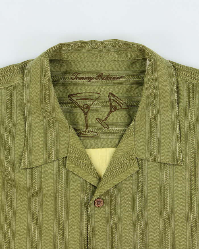Vintage Y2K 00s Tommy Bahama Olive Green Pattern Striped Silk Hawaiian Shirt - XL
