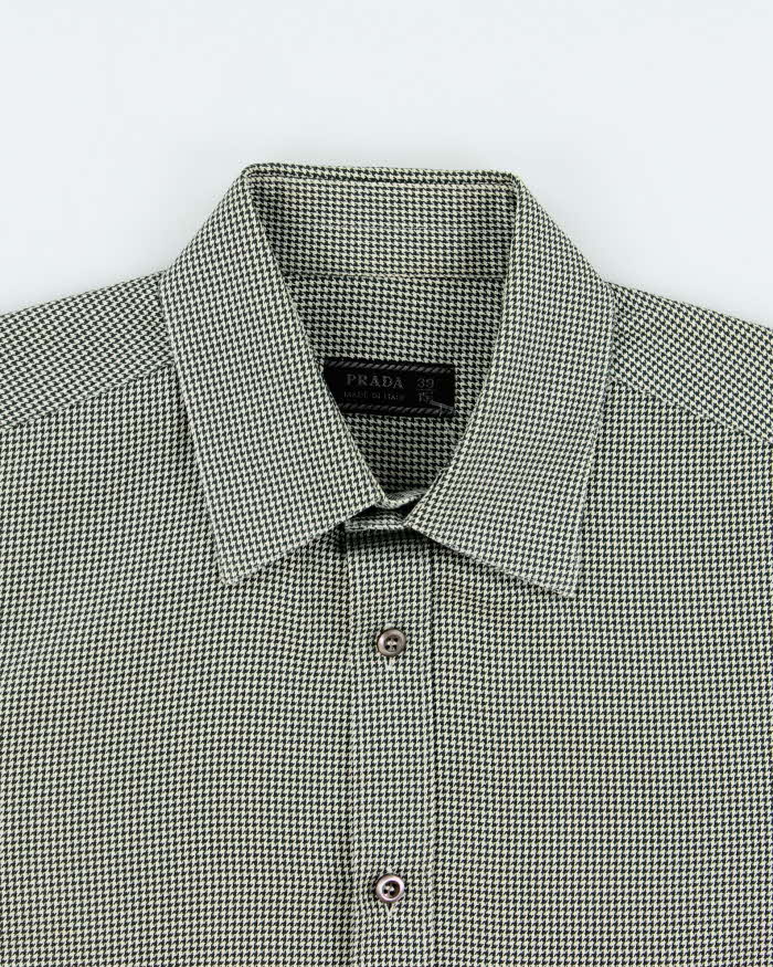 Vintage Prada Forest Green Houndstooth Check Long Sleeve Shirt - M