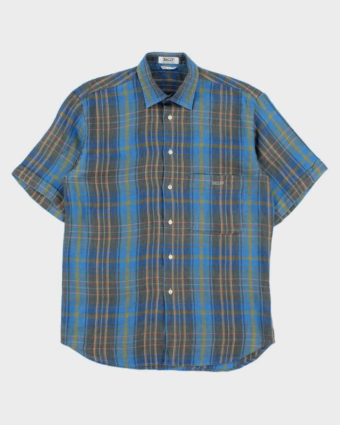 Vintage 1980s Bally International Embroidered Plaid Linen Short Sleeve Shirt - L