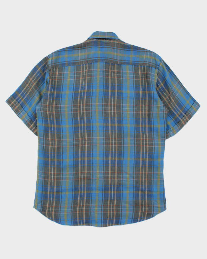 Vintage 1980s Bally International Embroidered Plaid Linen Short Sleeve Shirt - L