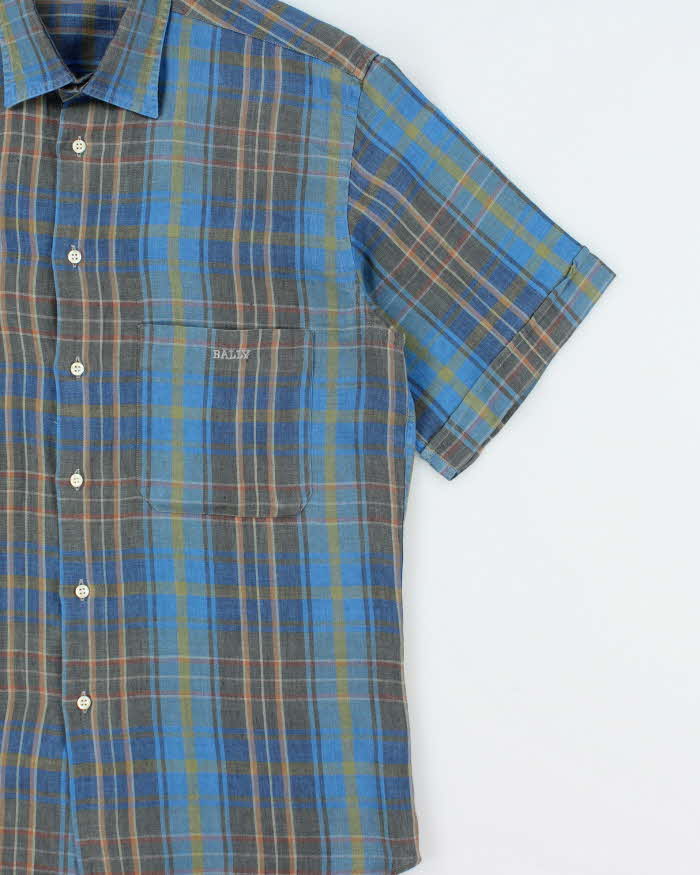 Vintage 1980s Bally International Embroidered Plaid Linen Short Sleeve Shirt - L