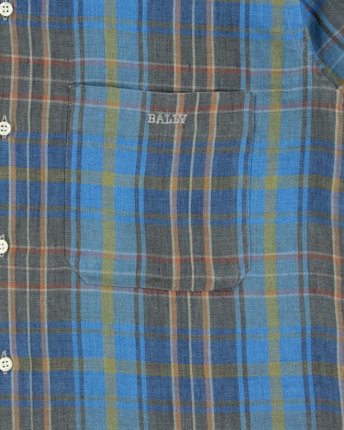 Vintage 1980s Bally International Embroidered Plaid Linen Short Sleeve Shirt - L