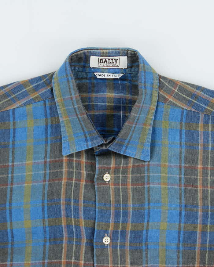 Vintage 1980s Bally International Embroidered Plaid Linen Short Sleeve Shirt - L