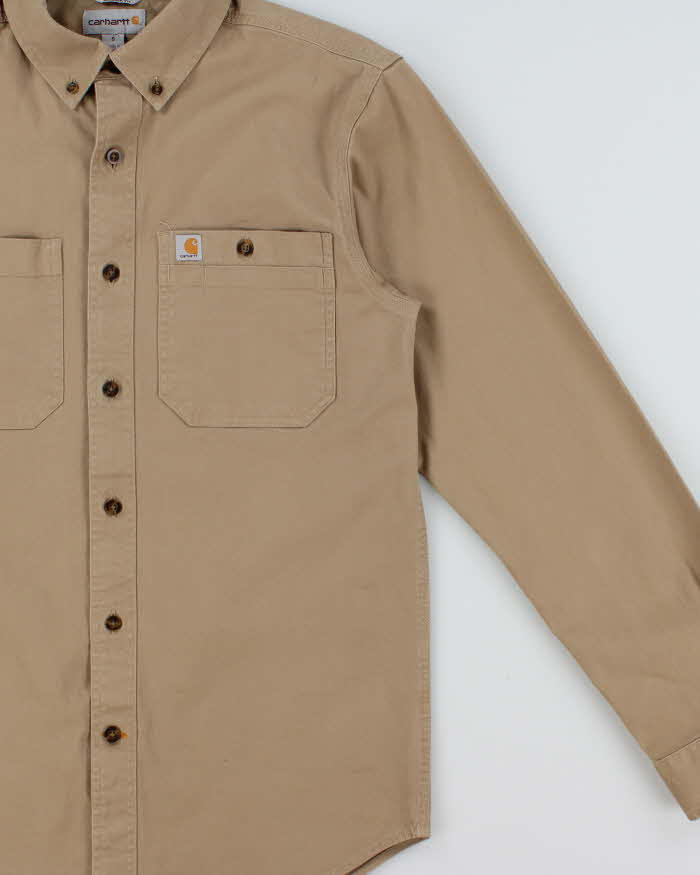 Vintage Carhartt Khaki Rugged Flex Rigby Duck Canvas Relaxed Fit Long Sleeve Utility Shirt - S