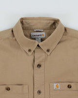 Vintage Carhartt Khaki Rugged Flex Rigby Duck Canvas Relaxed Fit Long Sleeve Utility Shirt - S