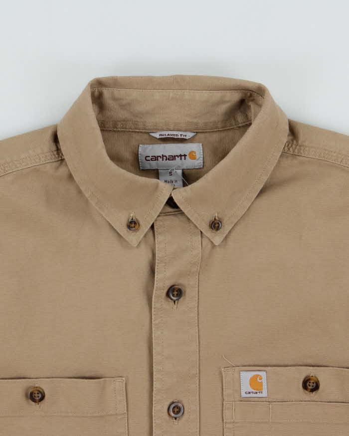 Vintage Carhartt Khaki Rugged Flex Rigby Duck Canvas Relaxed Fit Long Sleeve Utility Shirt - S