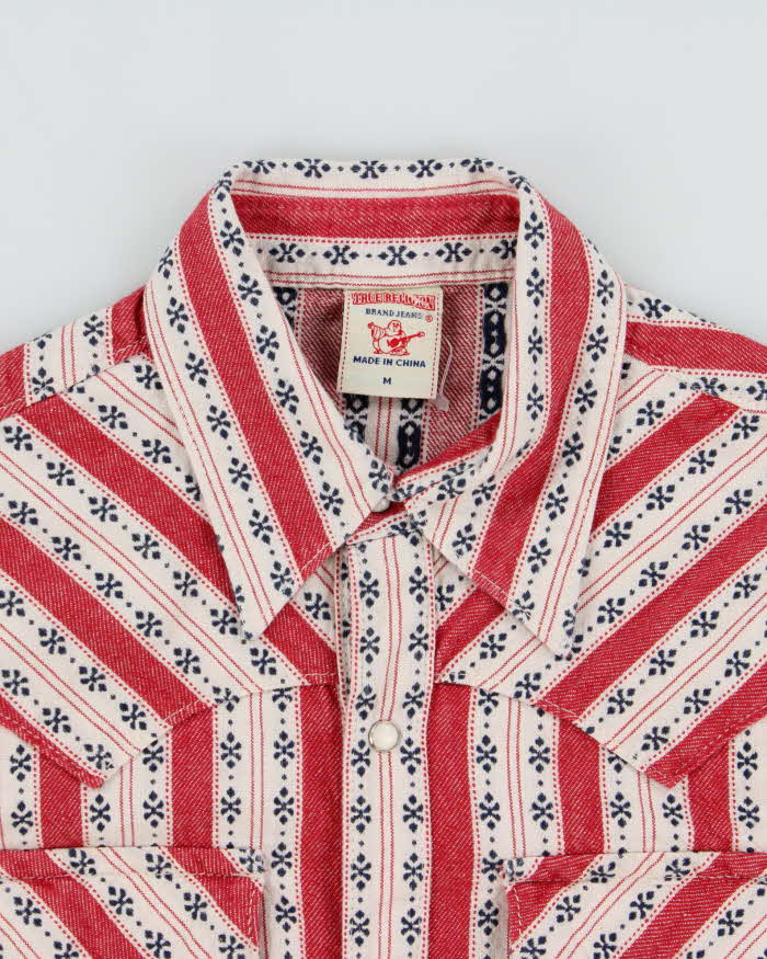 Vintage True Religion Pattern Striped Pearl Snap Button Denim Long Sleeve Western Shirt - M
