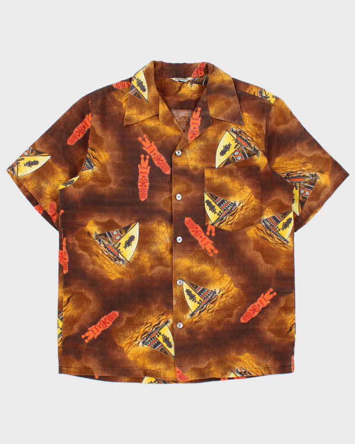 Vintage 1970s Made In Hawaii Bark Cloth Tiki Hawaiian Shirt - L
