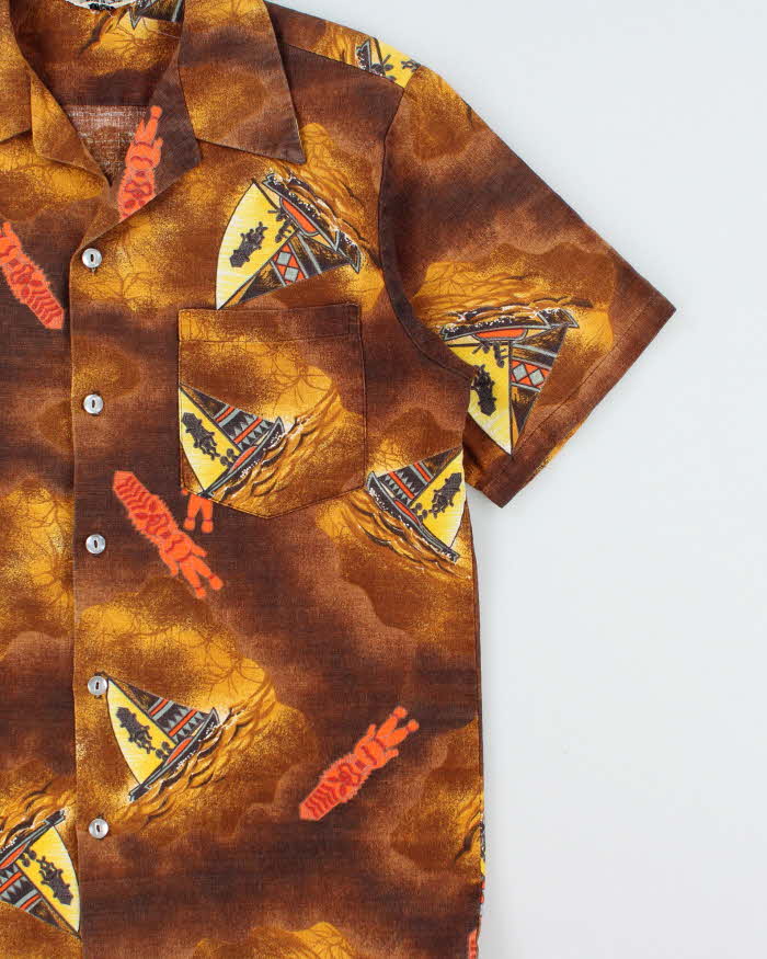 Vintage 1970s Made In Hawaii Bark Cloth Tiki Hawaiian Shirt - L