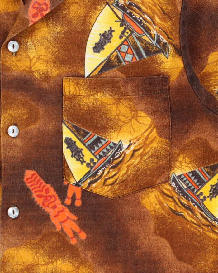 Vintage 1970s Made In Hawaii Bark Cloth Tiki Hawaiian Shirt - L