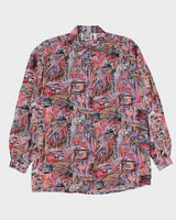 Vintage 1990s Pelican Cove Pattern Oversized Silk Long Sleeve Shirt - S