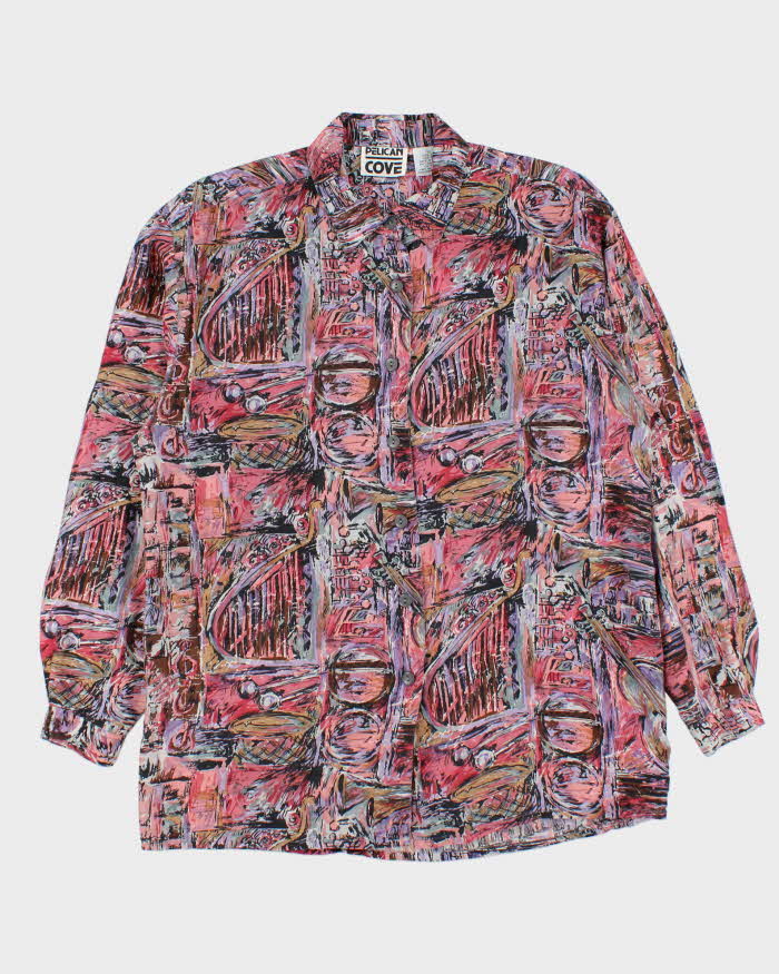 Vintage 1990s Pelican Cove Pattern Oversized Silk Long Sleeve Shirt - S