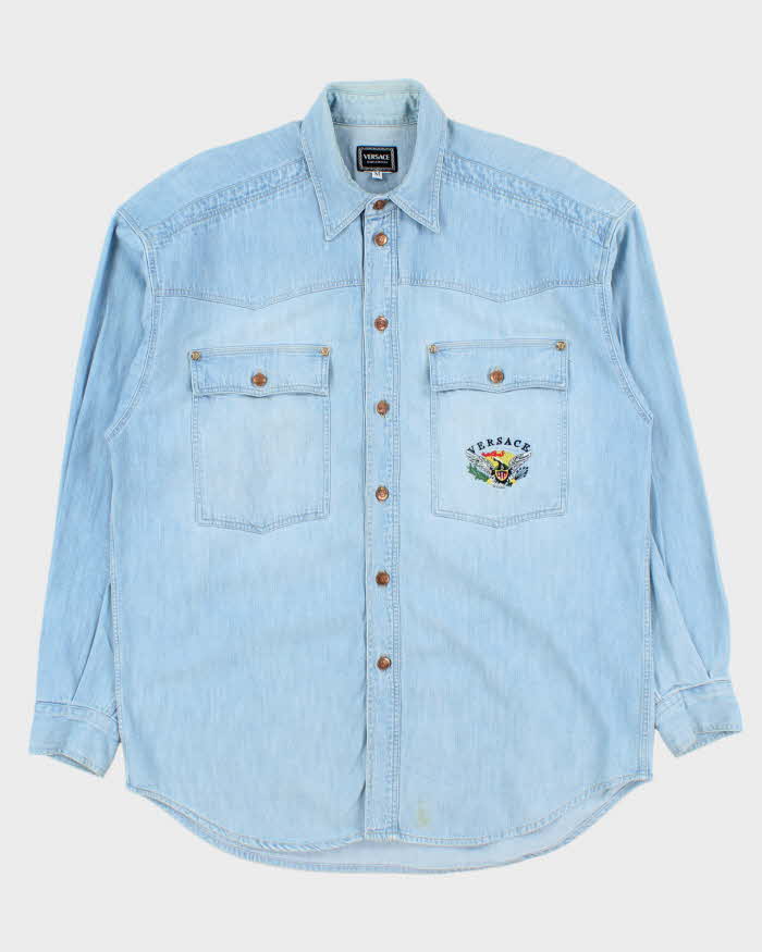Vintage 1990s Versace Jeans Couture Light Wash Denim Embroidered Long Sleeve Western Shirt - M