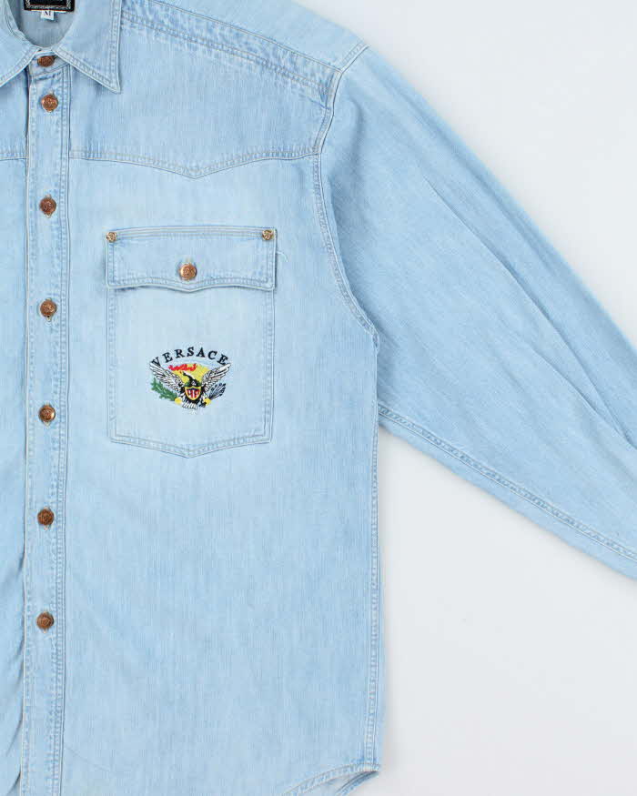 Vintage 1990s Versace Jeans Couture Light Wash Denim Embroidered Long Sleeve Western Shirt - M