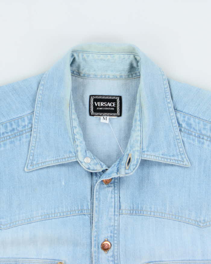 Vintage 1990s Versace Jeans Couture Light Wash Denim Embroidered Long Sleeve Western Shirt - M