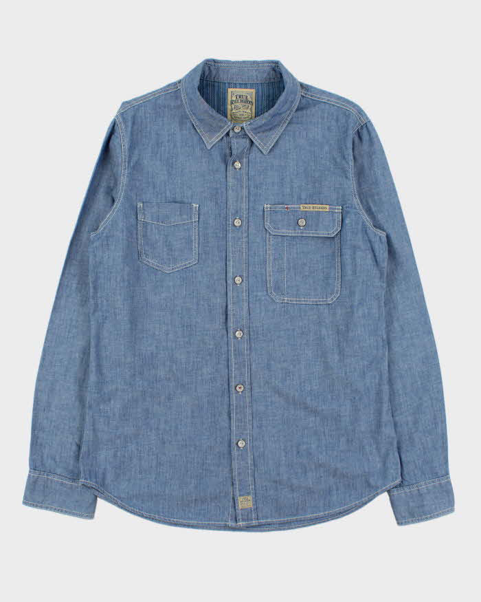 Vintage True Religion Contrast Stitch Chambray Denim Long Sleeve Utility Shirt - L