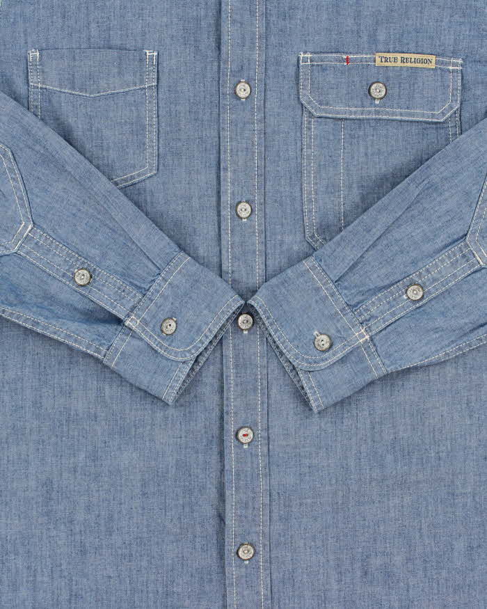 Vintage True Religion Contrast Stitch Chambray Denim Long Sleeve Utility Shirt - L