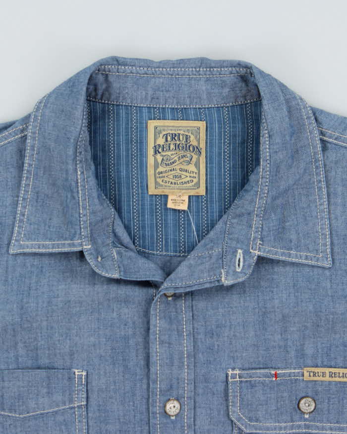 Vintage True Religion Contrast Stitch Chambray Denim Long Sleeve Utility Shirt - L
