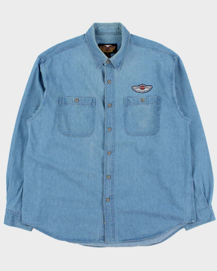 Vintage '03 Y2K Harley Davidson Milwaukee Embroidered Long Sleeve Denim Shirt - XL