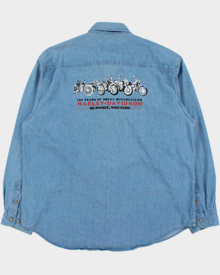 Vintage '03 Y2K Harley Davidson Milwaukee Embroidered Long Sleeve Denim Shirt - XL
