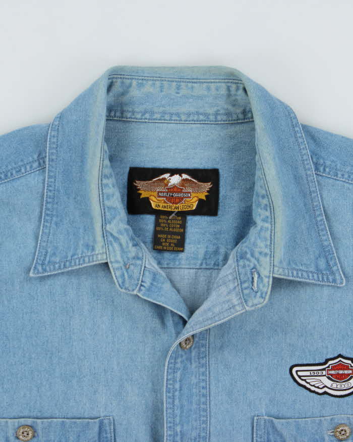 Vintage '03 Y2K Harley Davidson Milwaukee Embroidered Long Sleeve Denim Shirt - XL