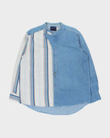 Vintage 1990s Wrangler Striped Split Denim Grandad Collar XL Tails Long Sleeve Western Shirt - XL