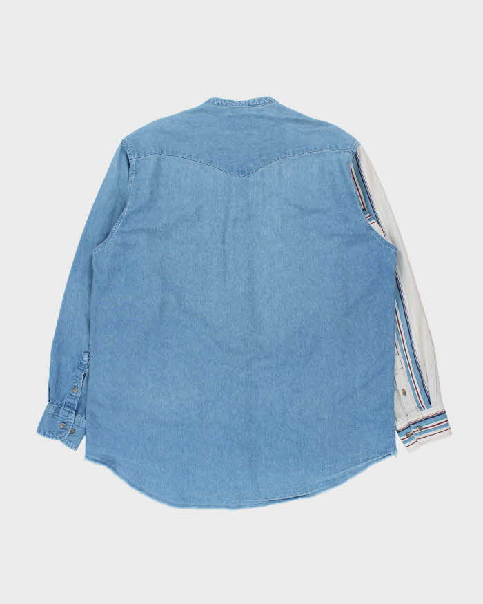 Vintage 1990s Wrangler Striped Split Denim Grandad Collar XL Tails Long Sleeve Western Shirt - XL