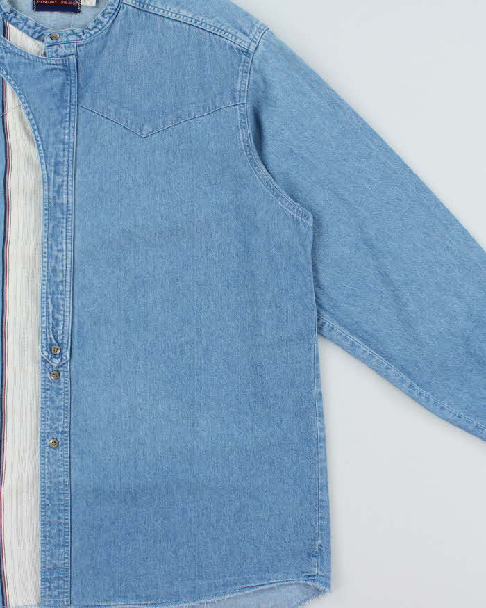 Vintage 1990s Wrangler Striped Split Denim Grandad Collar XL Tails Long Sleeve Western Shirt - XL