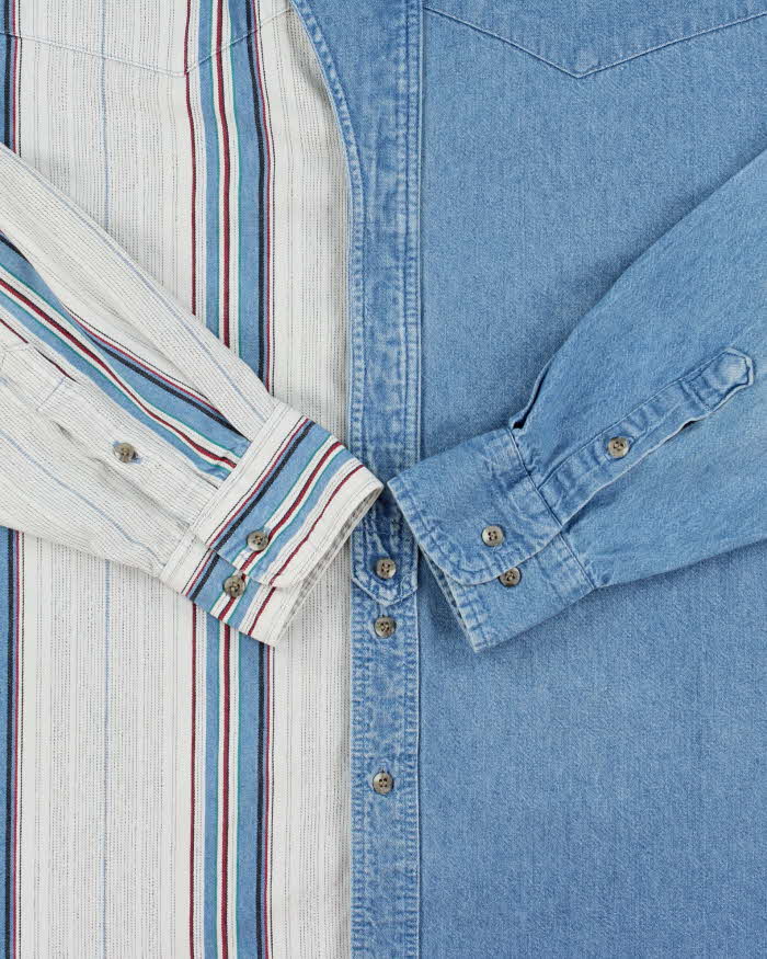 Vintage 1990s Wrangler Striped Split Denim Grandad Collar XL Tails Long Sleeve Western Shirt - XL