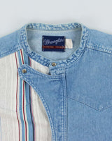 Vintage 1990s Wrangler Striped Split Denim Grandad Collar XL Tails Long Sleeve Western Shirt - XL