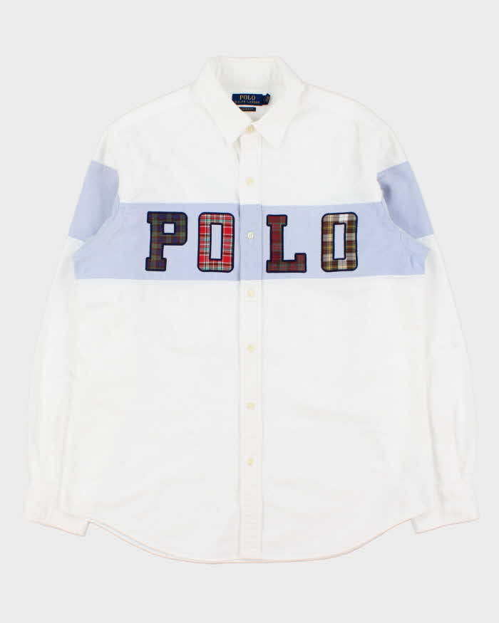 Vintage Polo Ralph Lauren Chambray Stripe Embroidered Tartan Spell Out Classic Fit Long Sleeve Oxford Shirt - L