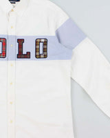 Vintage Polo Ralph Lauren Chambray Stripe Embroidered Tartan Spell Out Classic Fit Long Sleeve Oxford Shirt - L